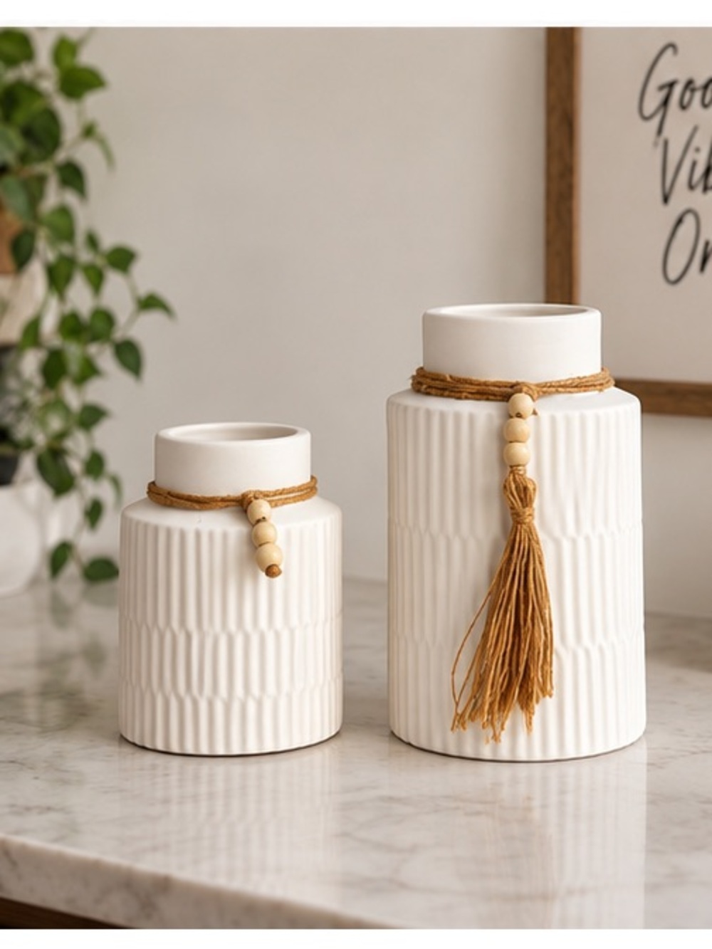 Kmili Neutral Clay Vase Set w/ Wood Bead Tassel – Modern Rustic Decor (Set of 2)
